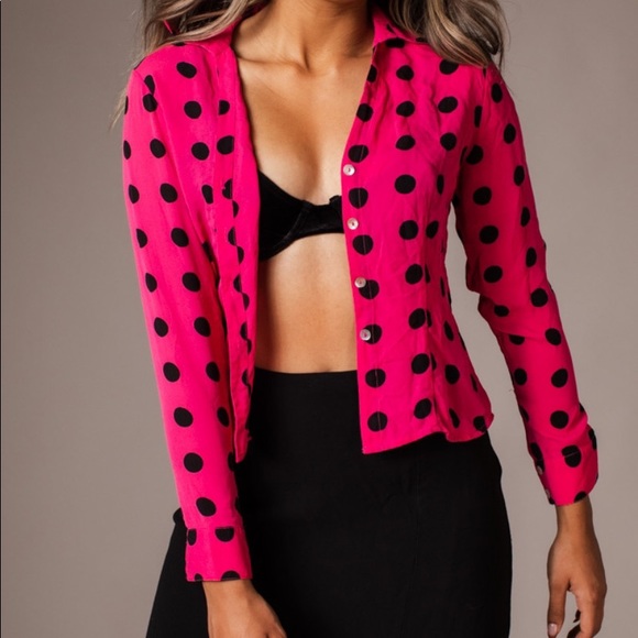Hot pink silk crepe de chine blouse w. Black polka dots. “Victoria Soie” - Picture 1 of 3